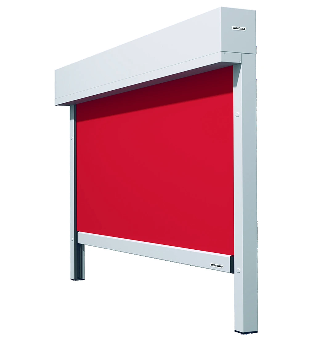 Roter Sonnenschutz von Warema mit weißem Kasten und easyZIP-Führung